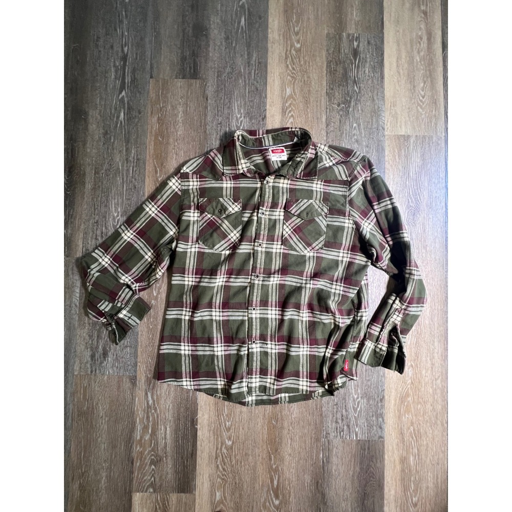 Wrangler Flannel Shirt Mens 2XL Green Burgundy Good Plaid Long Sleeve Button Up